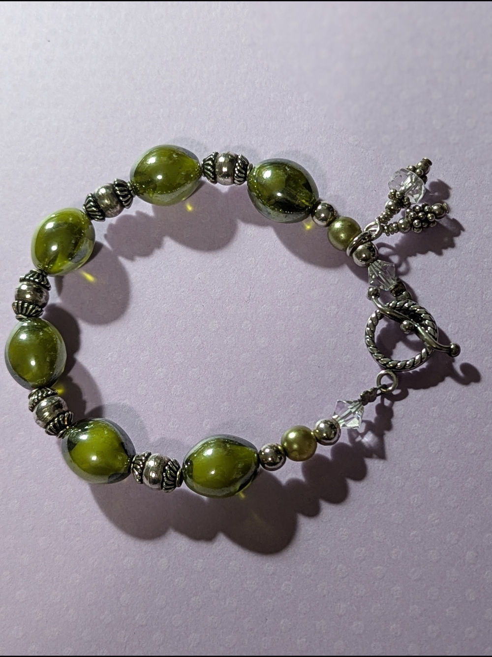 Sterling Silver Bracelet Made With Olivine Jade & Swarovski Crystal Beads 8"
